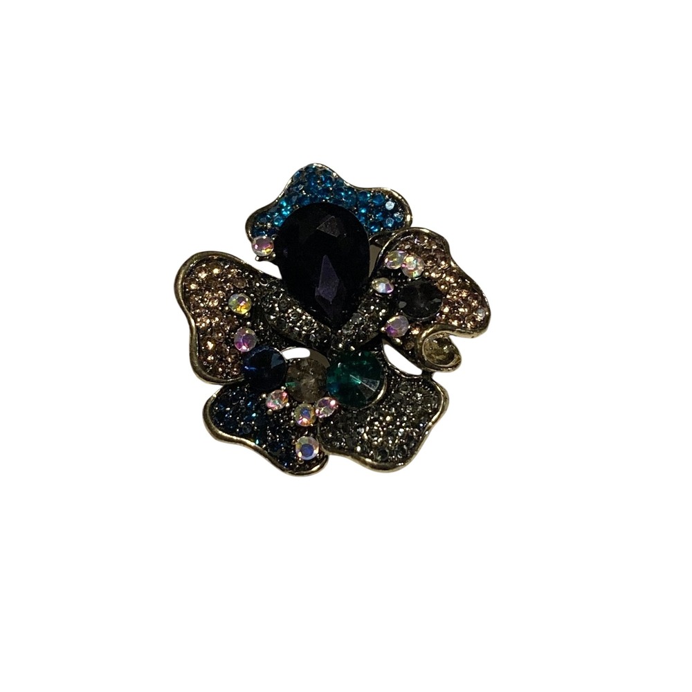 Vintage Style Rhinestone Flower Brooch Gold Tone Blue Green Crystal Floral Pin
